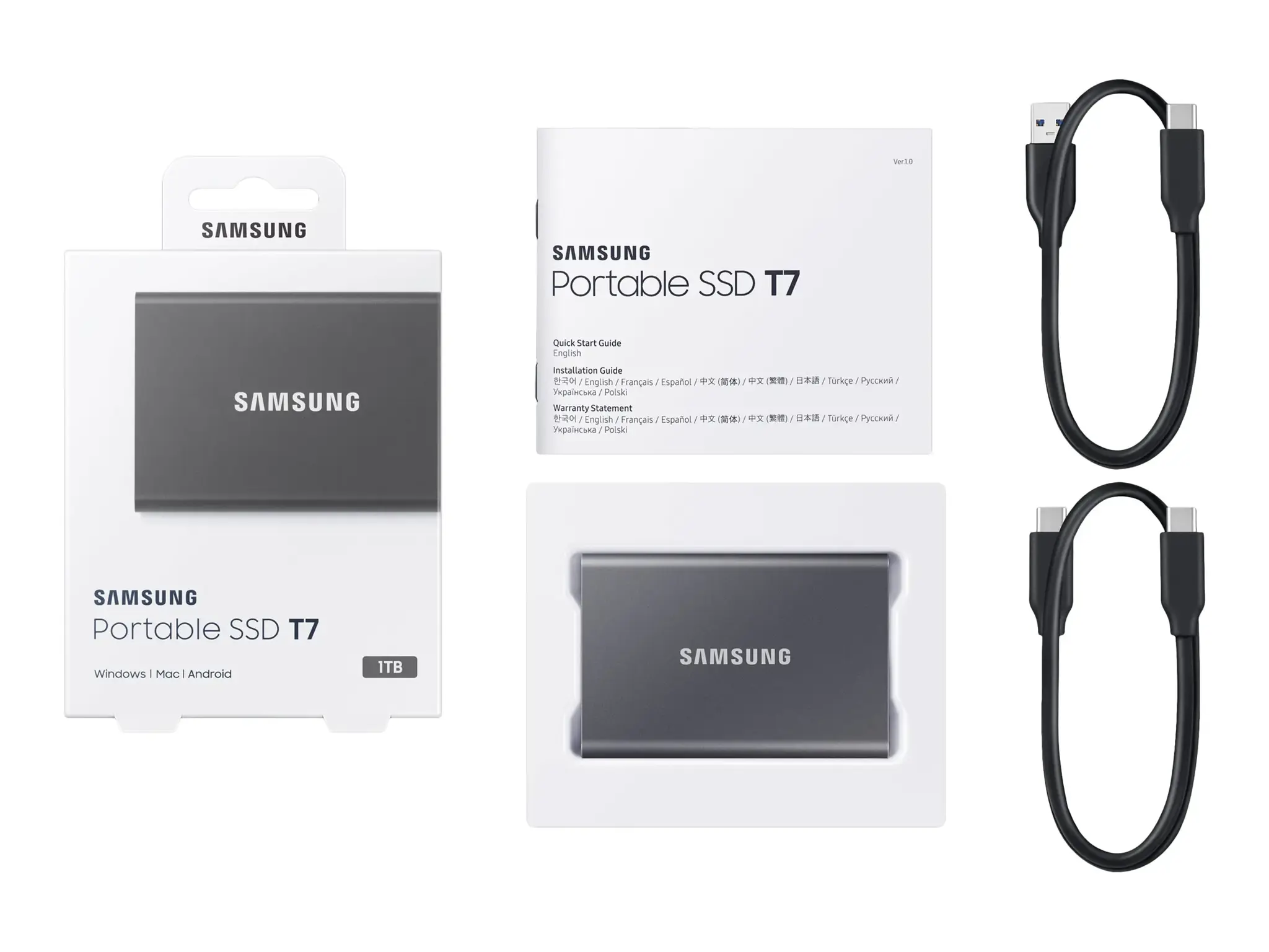 "Samsung" nešiojamasis SSD diskas T7, 1000 GB, C tipo USB, 3.2 Gen 2 (3.1 Gen 2), 1050 MB/s, apsauga nuo slaptažodžio, pilkas