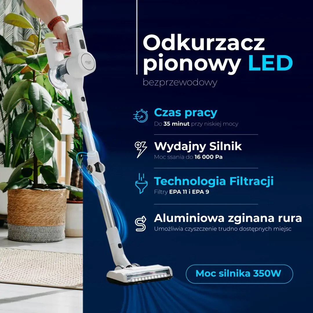 Adler Vacuum Cleaner | AD 7060 | Cordless operating | 350 W | 22 V | Operating time (max) 35 min | White | Warranty 24 month(s)