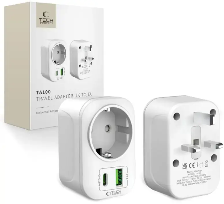 Tech-Protect travel adapter TA100 UK-EU, white
