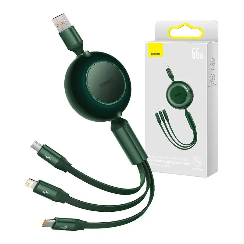 Baseus Bright Mirror 2 retractable cable 3in1 USB Type A - micro USB + Lightning + USB Type C 66W 1.1m green (CAMJ010106)