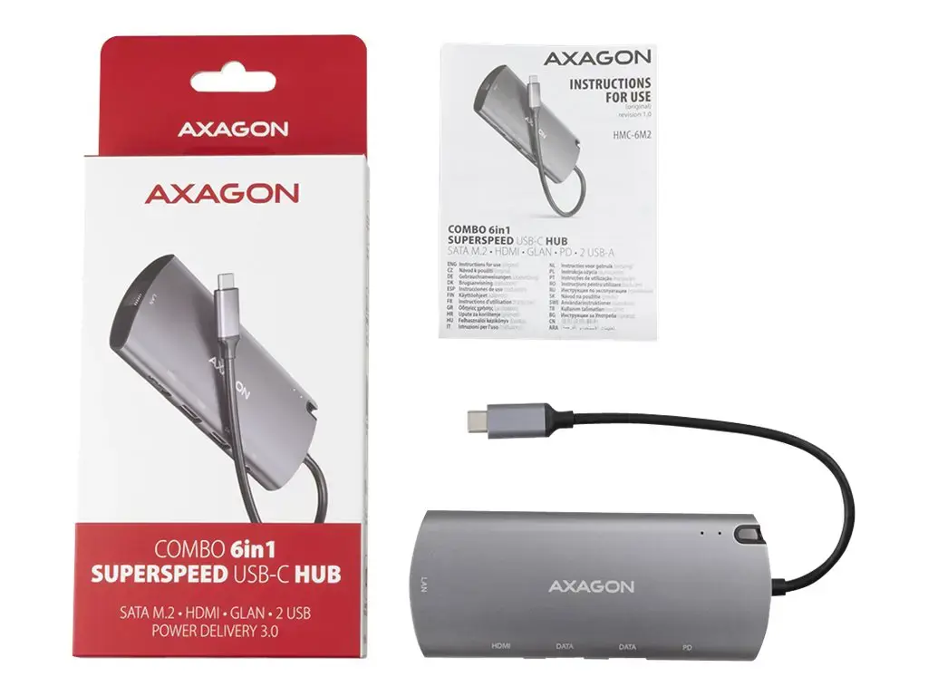 Axagon HMC-6M2 SUPERSPEED USB-C COMBO 6IN1 HUBMultiport USB 3.2 Gen 1 šakotuvas. SATA M.2, HDMI, Gigabit LAN ir Power Delivery. Kabelis USB-C 18 cm.