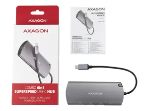 Axagon HMC-6M2 SUPERSPEED USB-C COMBO 6IN1 HUBMultiport USB 3.2 Gen 1 šakotuvas. SATA M.2, HDMI, Gigabit LAN ir Power Delivery. Kabelis USB-C 18 cm.