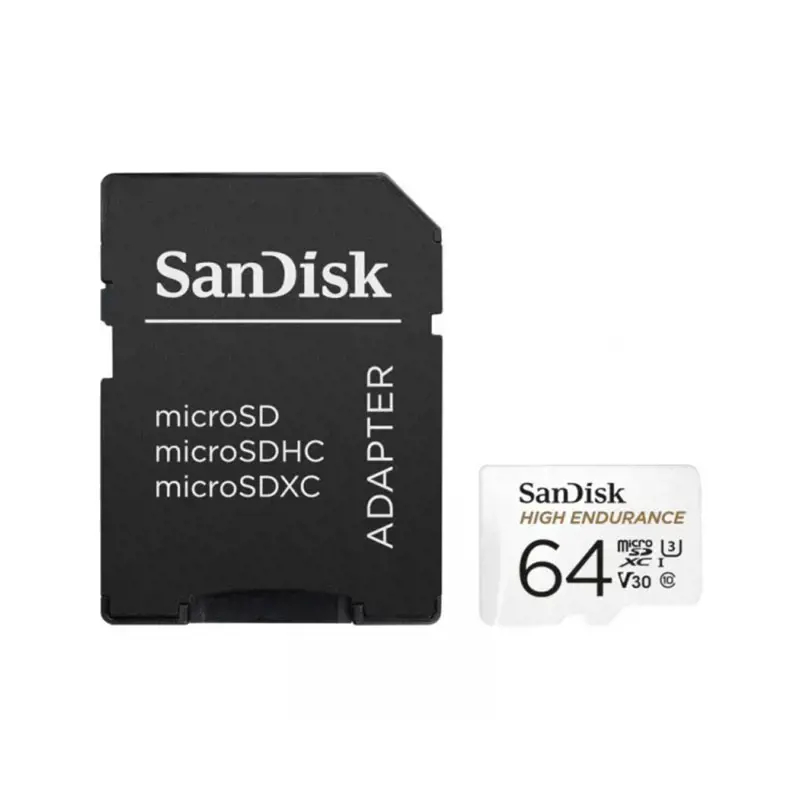 "SanDisk High Endurance microSDXC" 64 GB + SD adapteris - skirtas automobilinėms kameroms ir namų stebėjimui, iki 5000 valandų, "Full HD" / 4K vaizdo įrašai, iki 100/40 MB/s skaitymo / rašymo greitis, C10, U3, V30; EAN:619659173081