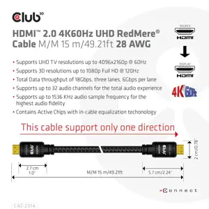 CLUB3D HDMI 2.0 4K60Hz RedMere cable 15m/49.2ft, 15 m, HDMI Type A (Standard), HDMI Type A (Standard), 3D, 18 Gbit/s, Black