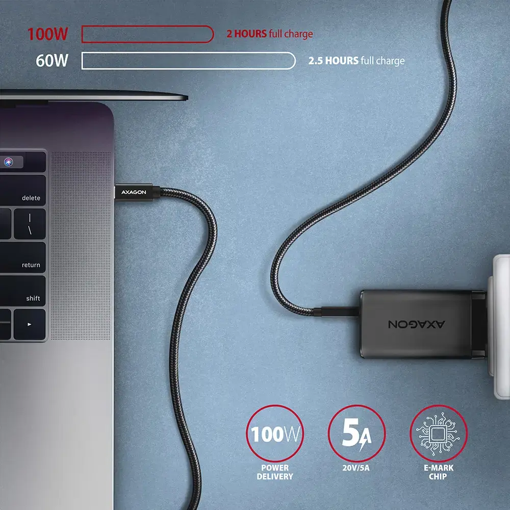 Axagon Duomenų ir įkrovimo USB 3.2 Gen 2 kabelis, ilgis 1 m. PD 100 W, 5 A, 4K HD vaizdo įrašas. Juodos spalvos pintas.