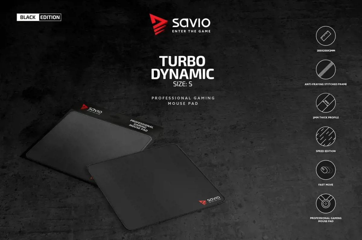 SAVIO ŽAIDIMŲ PELĖS KILIMĖLIS 250X250X2MM, DYGSNIUOTAIS KRAŠTAIS BLACK EDITION TURBO DYNAMIC S