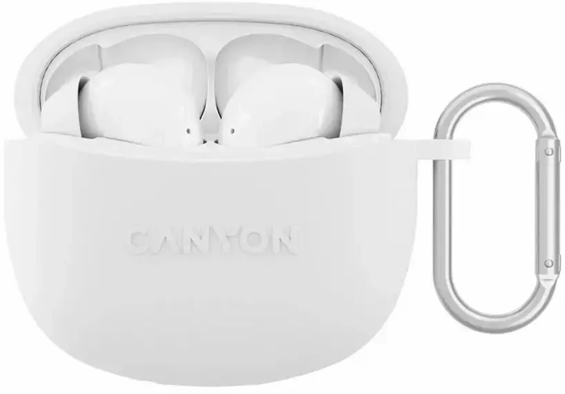 "Canyon" TWS-5 "Bluetooth" ausinės su mikrofonu, BT V5.3 JL 6983D4, dažnių diapazonas: 20Hz-20kHz, baterija "EarBud" 40mAh*2+įkrovimo dėklas 500mAh, C tipo laido ilgis 0,24 m, dydis: 58,5*52,91*25,5 mm, 0,036 kg, baltos spalvos