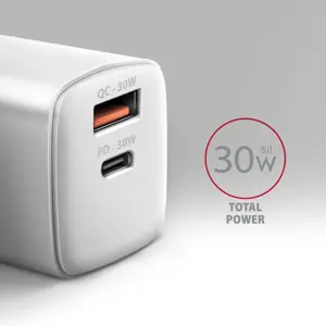 "Axagon Sil" sieninis įkroviklis su 2 prievadais (USB-A + USB-C), PD3.0/QC4+/PPS/AFC/Apple. 30 W bendra galia.