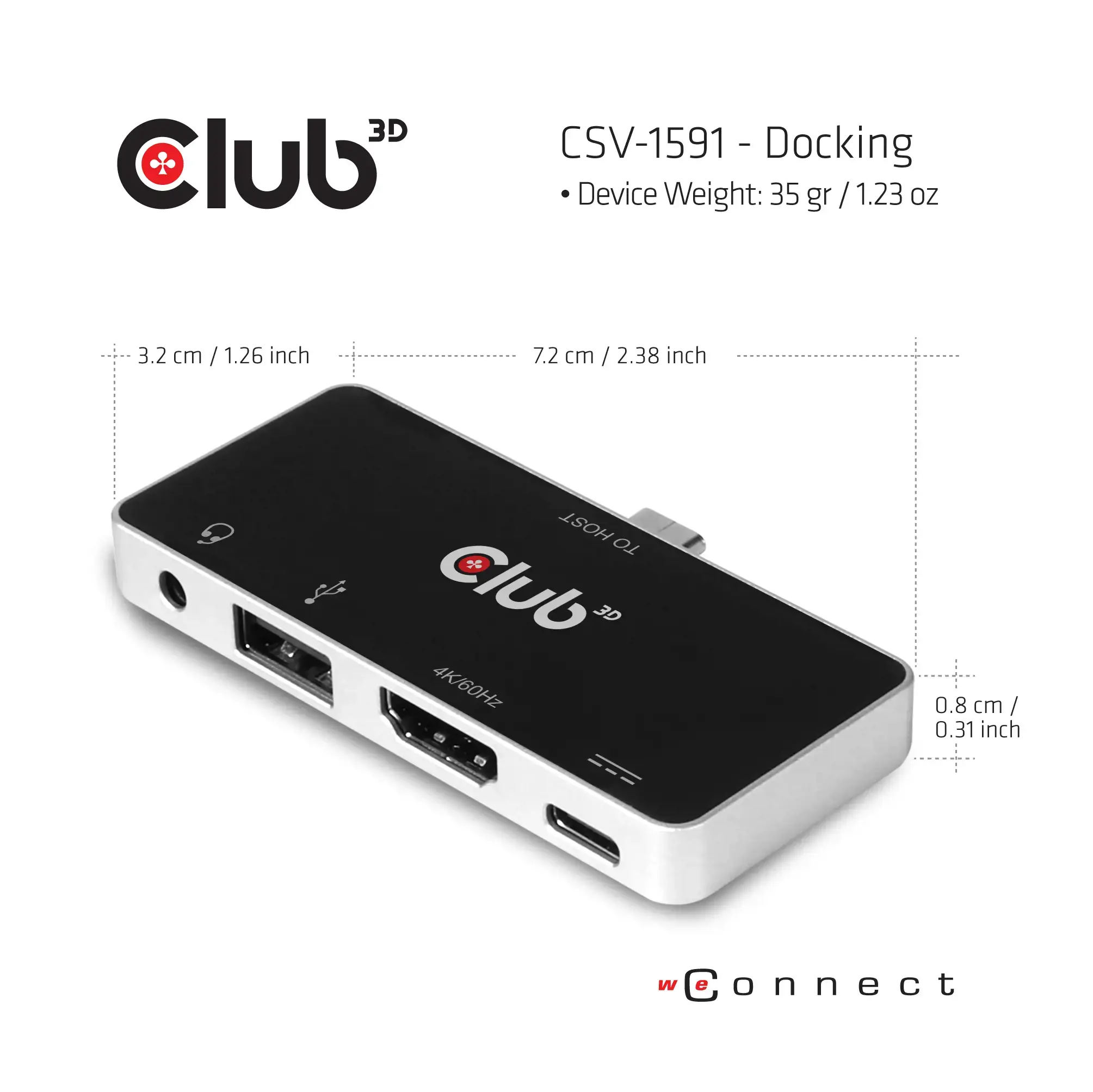 CLUB3D USB Type C 4-in-1 Hub to HDMI™ 4K60Hz USB Type C PD / USB Type A / Audio jack, Docking, USB 3.2 Gen 1 (3.1 Gen 1) Type-C, 100 W, 3.5 mm, Black, Chrome, 4K Ultra HD