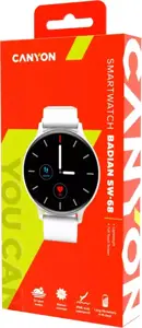 CANYON Badian SW-68, išmanusis laikrodis, Realtek 8762CK, 1.28''TFT 240x240px; RAM : 160KB, ličio jonų polimerinė baterija, 3.7V 190mAh Įtraukti, sidabrinis cinko lydinio vidurinis rėmelis + plastikinis apatinis korpusas + baltas silikoninis dirželis + sidabrinė dirželio sagtis, 44.9x 10.9mm, dirželis