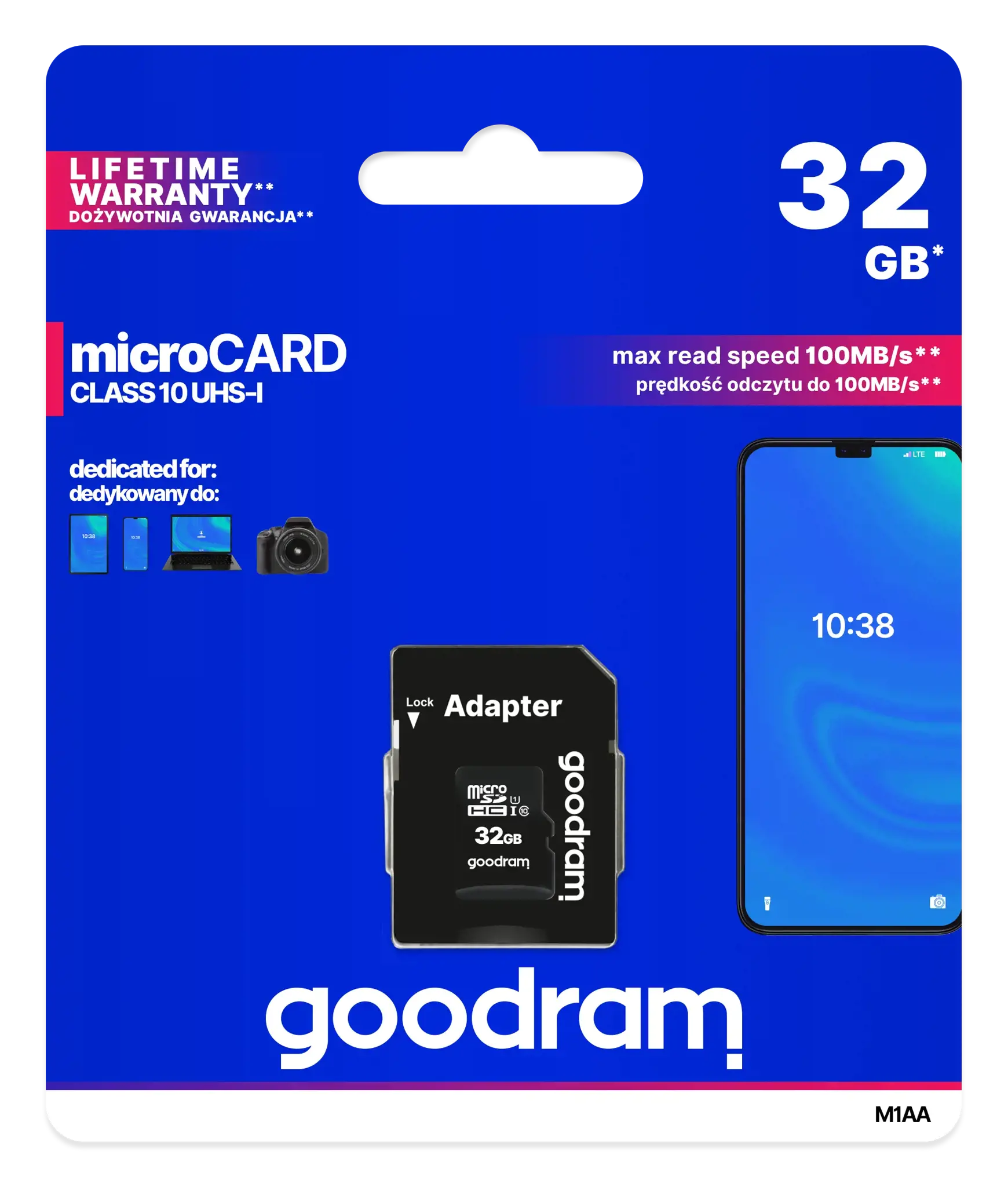 Goodram M1AA, 32 GB, MicroSDHC, Class 10, UHS-I, 100 MB/s, 10 MB/s