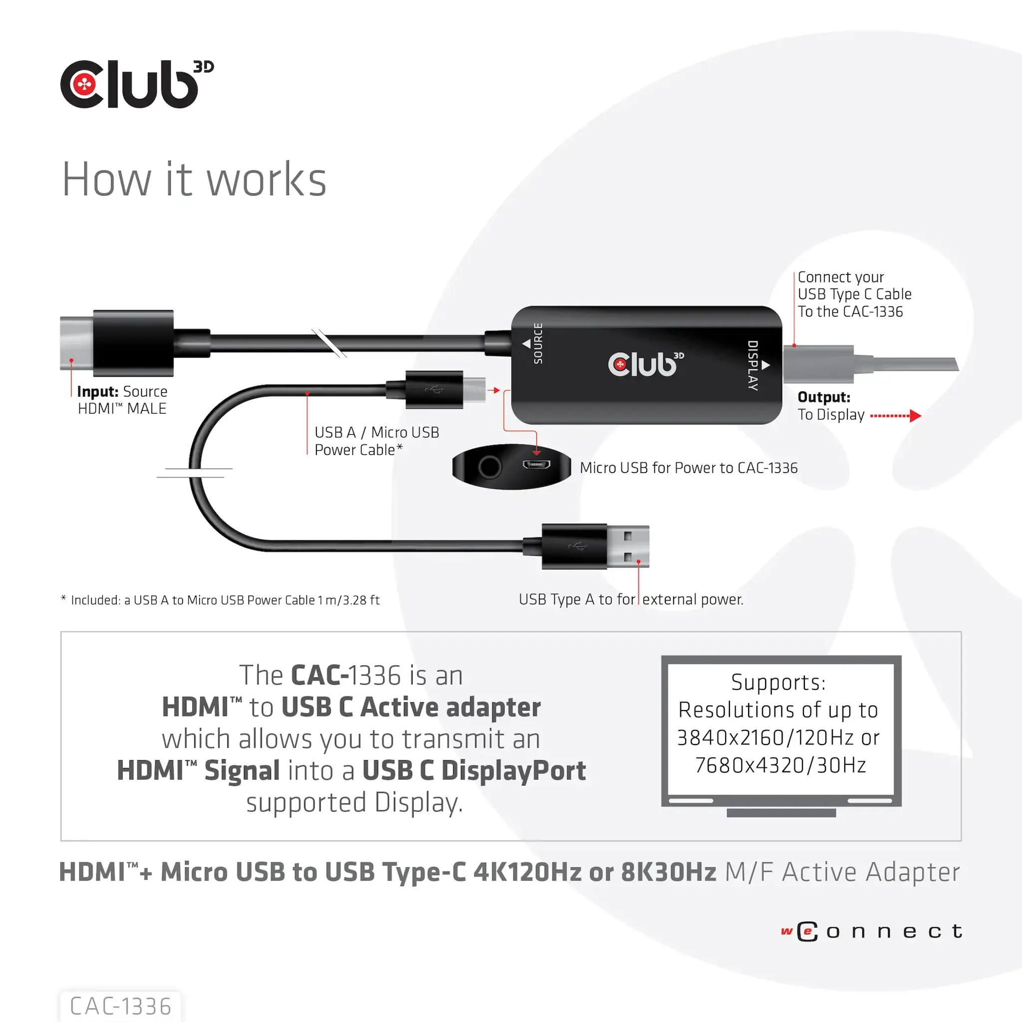 CLUB3D HDMI + Micro USB to USB Type-C 4K120Hz or 8K30Hz M/F Active Adapter, 1 m, HDMI + USB, USB Type-C, Male, Female, Straight