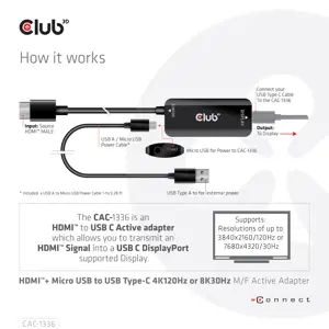 CLUB3D HDMI + Micro USB to USB Type-C 4K120Hz or 8K30Hz M/F Active Adapter, 1 m, HDMI + USB, USB Type-C, Male, Female, Straight
