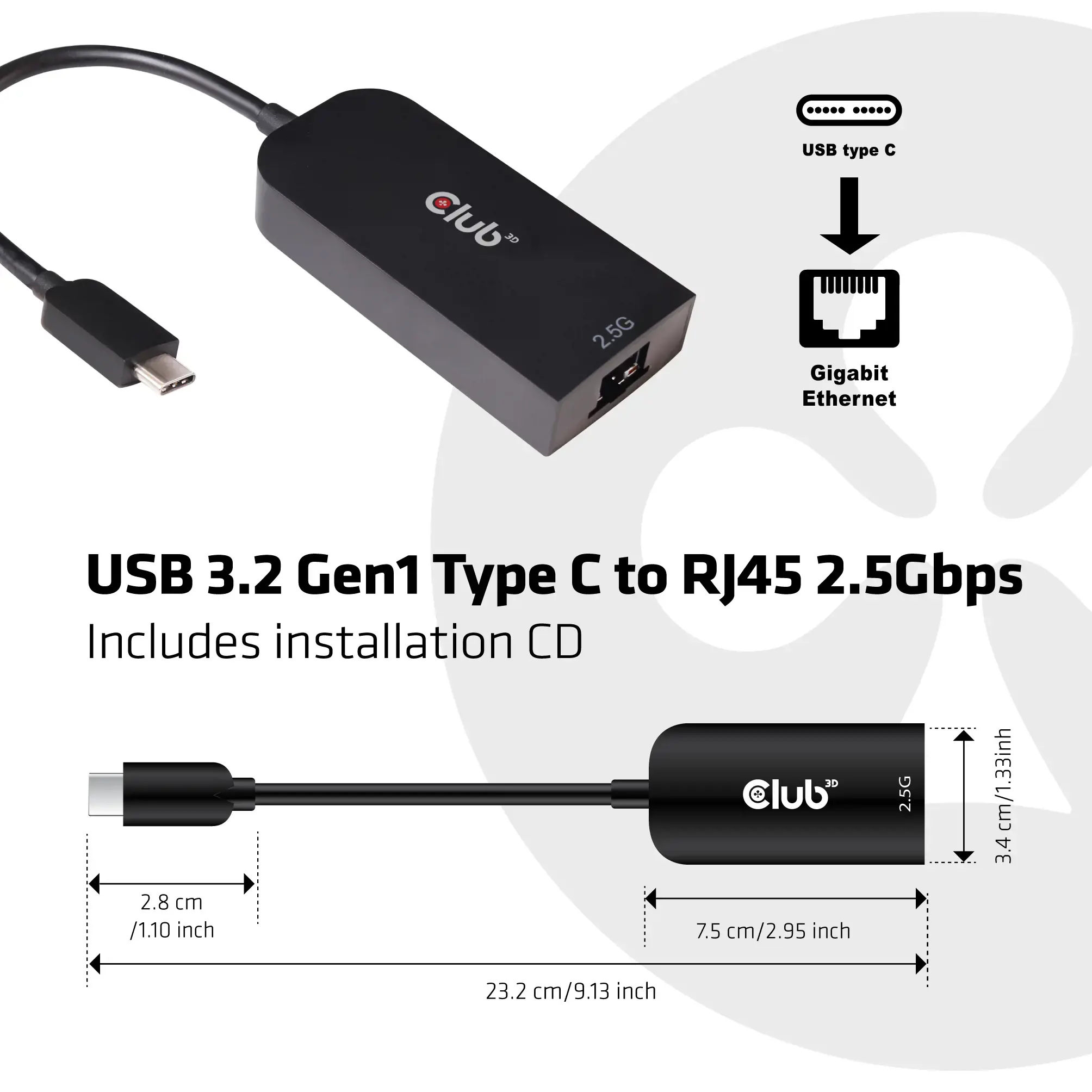 CLUB 3D USB TYPE C 3.1 GEN 1 TO RJ45 2.5GB ETHERNET ADAPTER