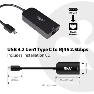 CLUB 3D USB TYPE C 3.1 GEN 1 TO RJ45 2.5GB ETHERNET ADAPTER