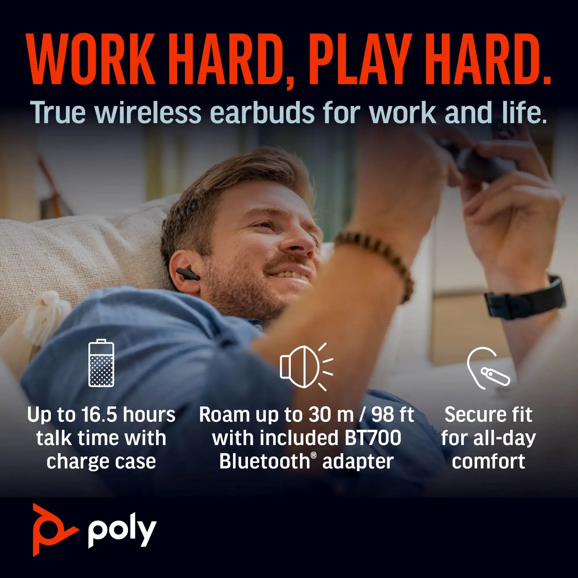 POLY Voyager Free 60+ UC M Carbon Black Earbuds +BT700 USB-C Adapter +Touchscreen Charge Case, Wireless, Calls/Music, Headset, Black