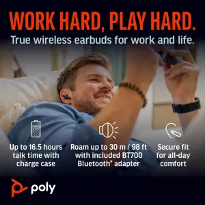 POLY Voyager Free 60+ UC M Carbon Black Earbuds +BT700 USB-C Adapter +Touchscreen Charge Case, Wireless, Calls/Music, Headset, Black