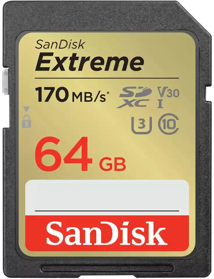 SANDISK Extreme 64GB microSDXC + 1 metų RescuePRO Deluxe iki 170MB/s ir 80MB/s skaitymo/rašymo greitis, UHS-I, 10 klasė, U3, V30