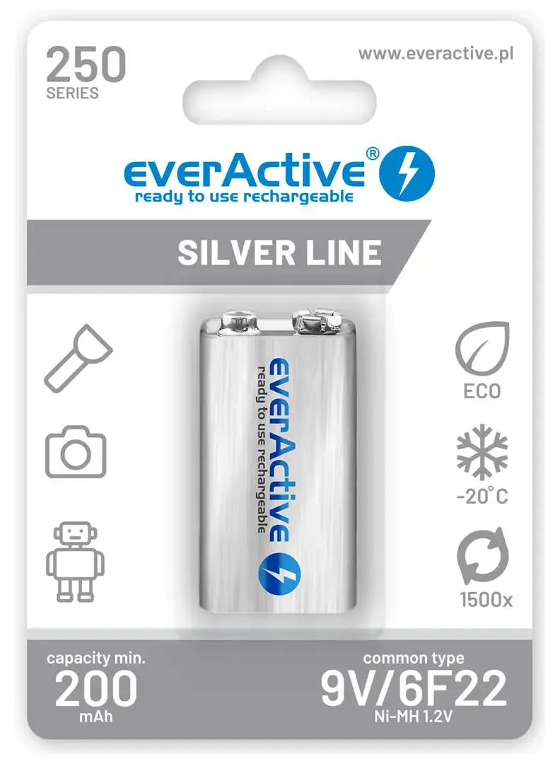 Įkraunamos baterijos everActive Ni-MH 6F22 9V 250 mAh Silver Line