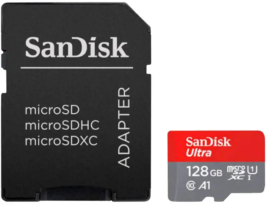 "SanDisk Ultra microSDXC" 128GB + SD adapteris 140MB/s A1 10 klasės UHS-I - vaizdinė pakuotė; EAN:619659200022