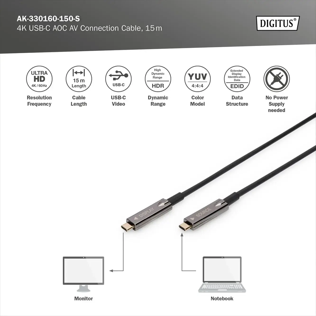 DIGITUS USB Type-C-USB Type-C AOC hibridinis FO kabelis 4K 60Hz USB 3.1 SPEC 15 m