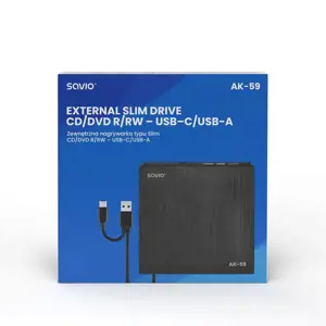 Ārējais diskdzinis Savio External Slim drive CD|DVD R| RW – USB-C| USB-A