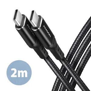Axagon Duomenų perdavimo ir įkrovimo USB 2.0 kabelis, ilgis 2 m. PD 60 W, 3 A. Juodos spalvos pinta…