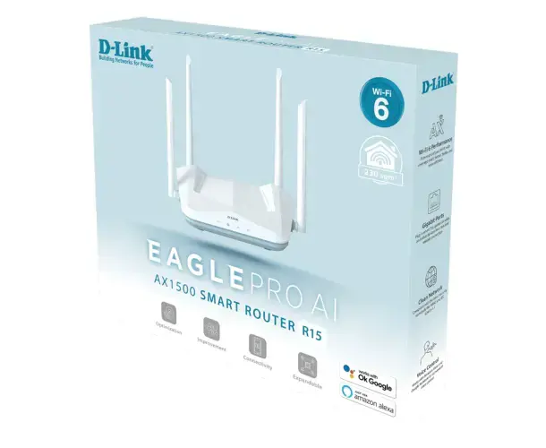 D-Link R15 EAGLE PRO AI AX1500 išmanusis maršrutizatorius, "Wi-Fi 6" (802.11ax), dviejų dažnių (2,4 GHz / 5 GHz), Ethernet LAN, baltas, stalinis maršrutizatorius