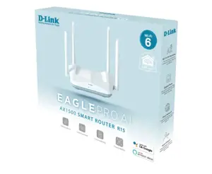 D-Link R15 EAGLE PRO AI AX1500 išmanusis maršrutizatorius, "Wi-Fi 6" (802.11ax), dviejų dažnių (2,4 GHz / 5 GHz), Ethernet LAN, baltas, stalinis maršrutizatorius