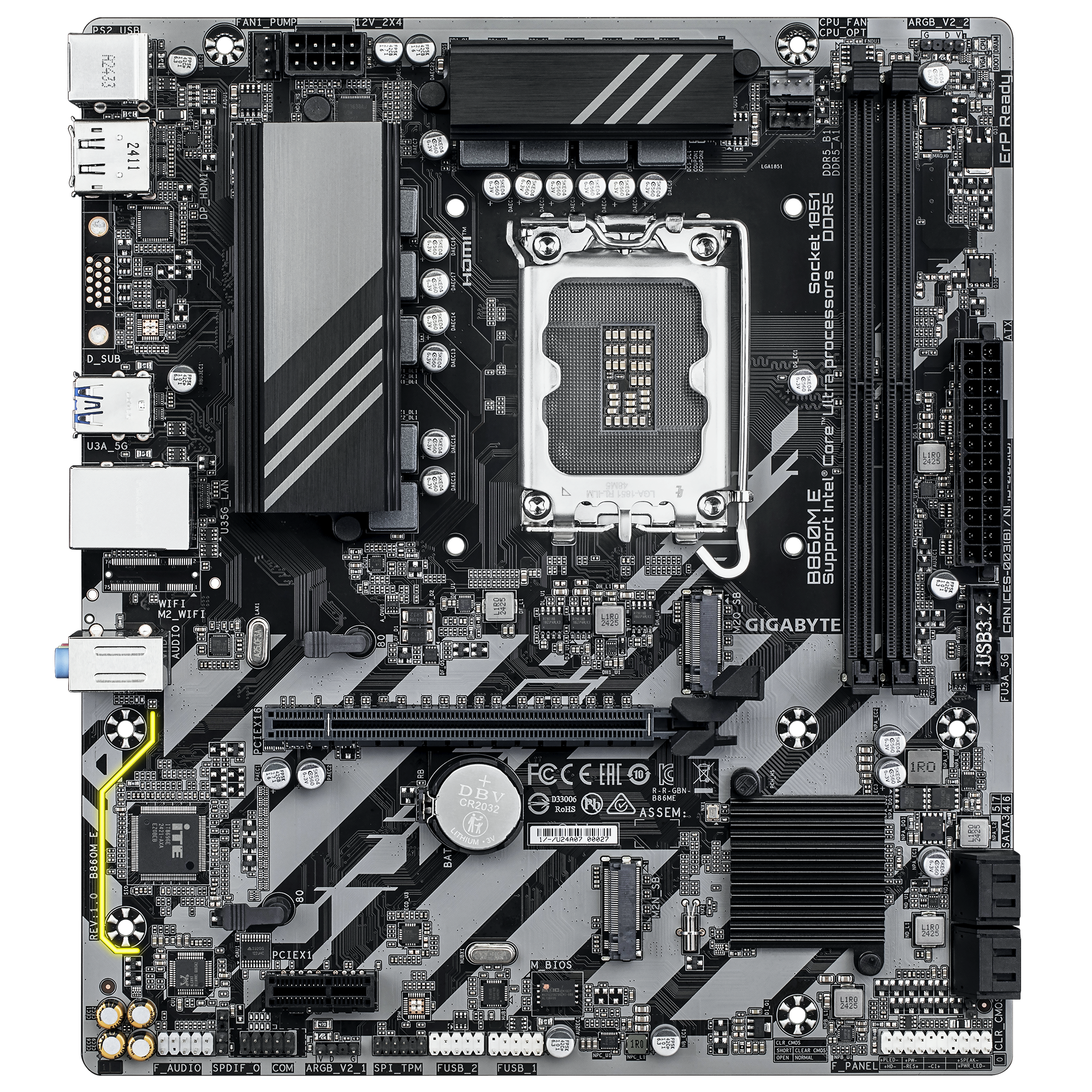 Gigabyte B860M E | Processor family Intel | Processor socket LGA1851 | DDR5 | Supported hard disk drive interfaces SATA, M.2 | Number of SATA connectors 4