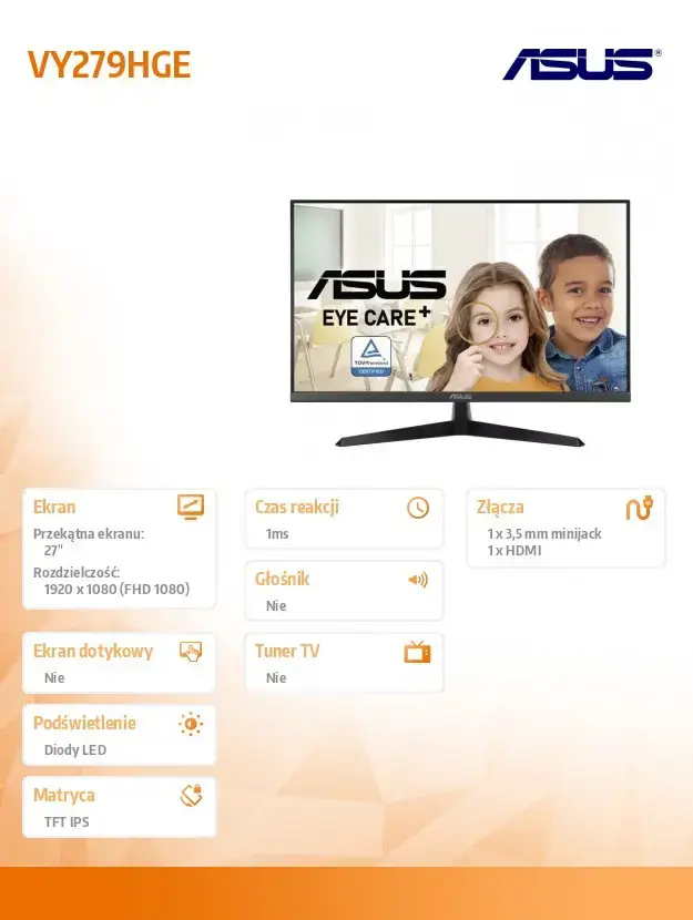 ASUS VY279HGE 27 colių Full HD 144 Hz 1 ms MPRT "FreeSync Premium GameFast Input IPS Vesa 100x100 16:9 1920x1080 HDMI