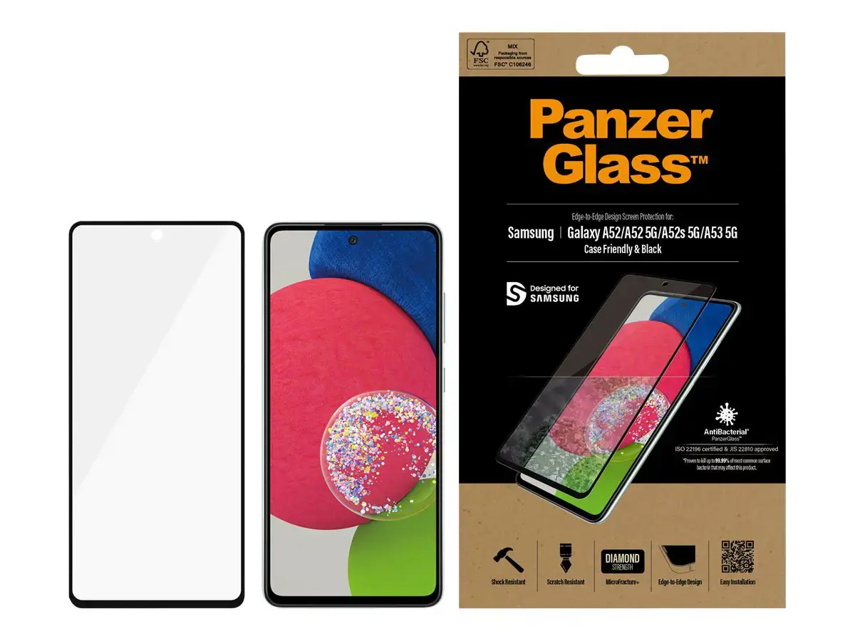 PanzerGlass ™ Samsung Galaxy A52 | A52 5G | A52s 5G | A52s 5G | A53 5G | Ekrano apsauga Stiklas, Skaidri ekrano apsauga, Samsung, Samsung, Samsung - Galaxy A52, Samsung - Galaxy A52 5G, atsparus įbrėžimams, atsparus smūgiams, antibakterinis, skaidrus, 1 vnt.