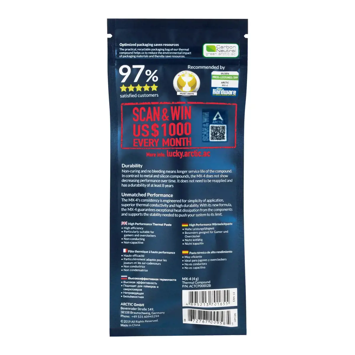 ARCTIC MX-4 (4 g) Edition 2019 - Aukštos kokybės termopastos, termopastos, 8,5 W/m-K, 2,5 g/cm³, anglis, 4 g, 1 vnt.