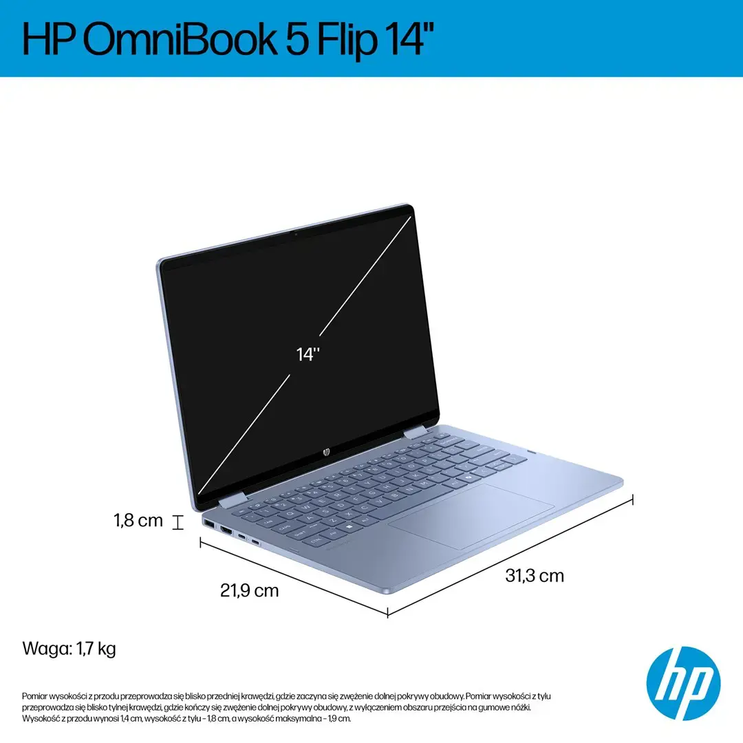 HP OmniBook 5 Flip 14-fp0004nw Intel Core 5 120U 2-in-1 Laptop 35.6 cm (14") 2K Touchscreen 16 GB LPDDR5 SDRAM 512 GB SSD Wi-Fi 6 (802.11ax) Windows 11 Home Blue