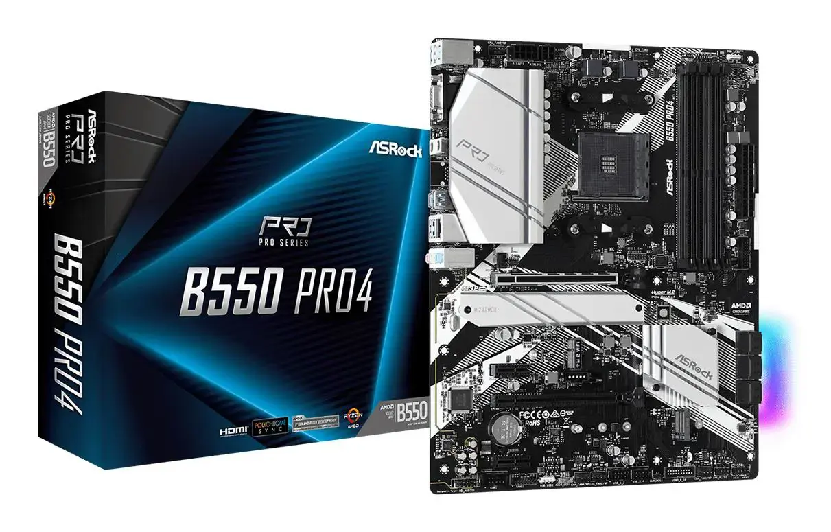 ASROCK B550 Pro4 ATX MB 3 kartos AMD AM4 lizdas DDR4 4733+ 1 x3.0 x16 x4.0 PCIe HDMI D-Sub 7.1 CH HD 6 SATA3 1 M.2 2 2 USB 3.2 Gen2