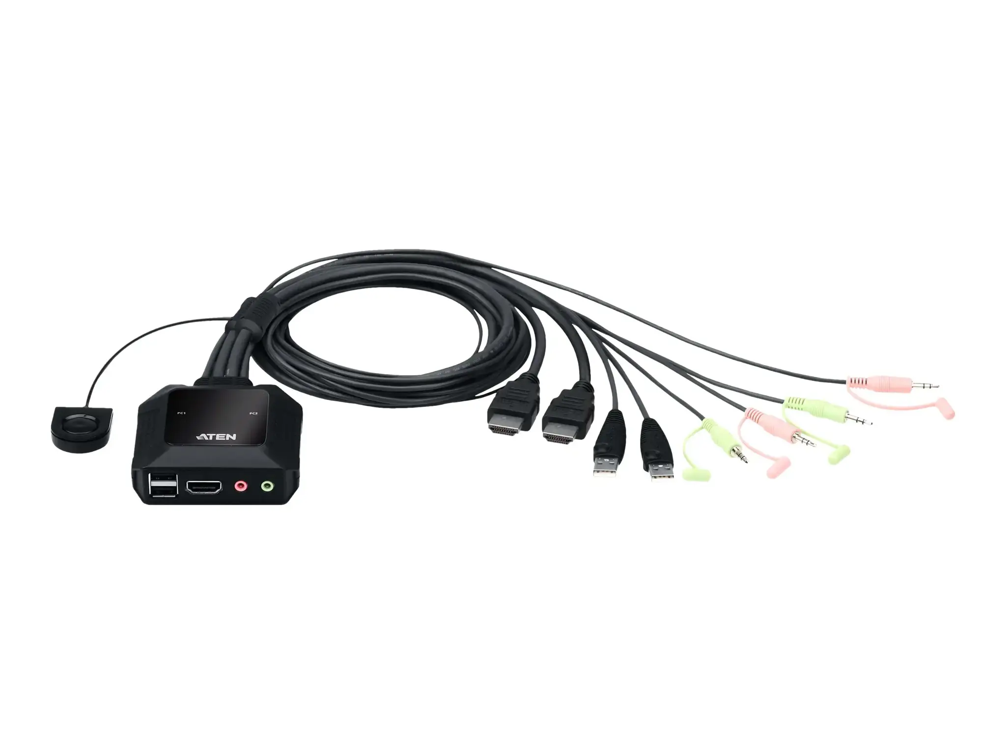 ATEN 2 prievadų USB 4K HDMI kabelinis KVM jungiklis su nuotoliniu prievadų parinkikliu, 4096 x 2160 taškų, 4K Ultra HD, 3,47 W, juodas