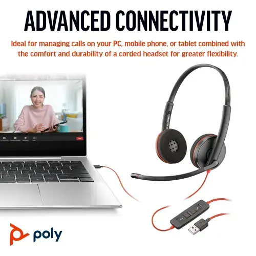 POLY Blackwire 3220 Stereo USB-C Headset +USB-C/A Adapter, Wired, Business/Everyday, 119 g, Headset, Black
