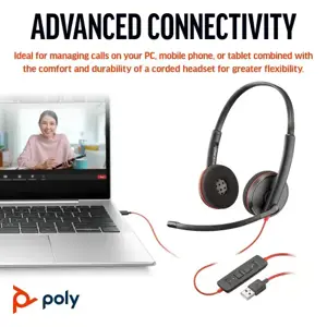 POLY Blackwire 3220 Stereo USB-C Headset +USB-C/A Adapter, Wired, Business/Everyday, 119 g, Headset, Black