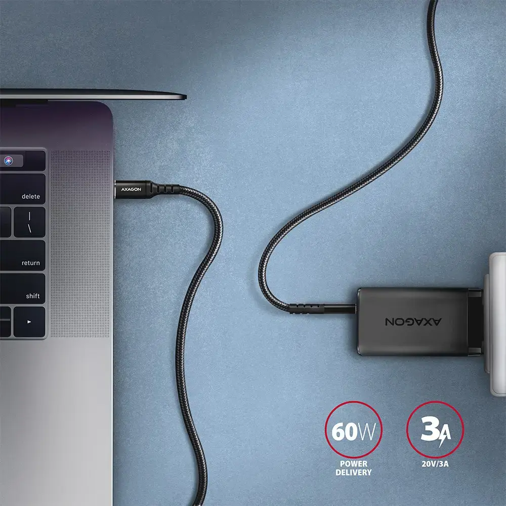Axagon Duomenų perdavimo ir įkrovimo USB 2.0 kabelis, ilgis 3 m. 3A. PD 60W, 3A. Juodas pintas.