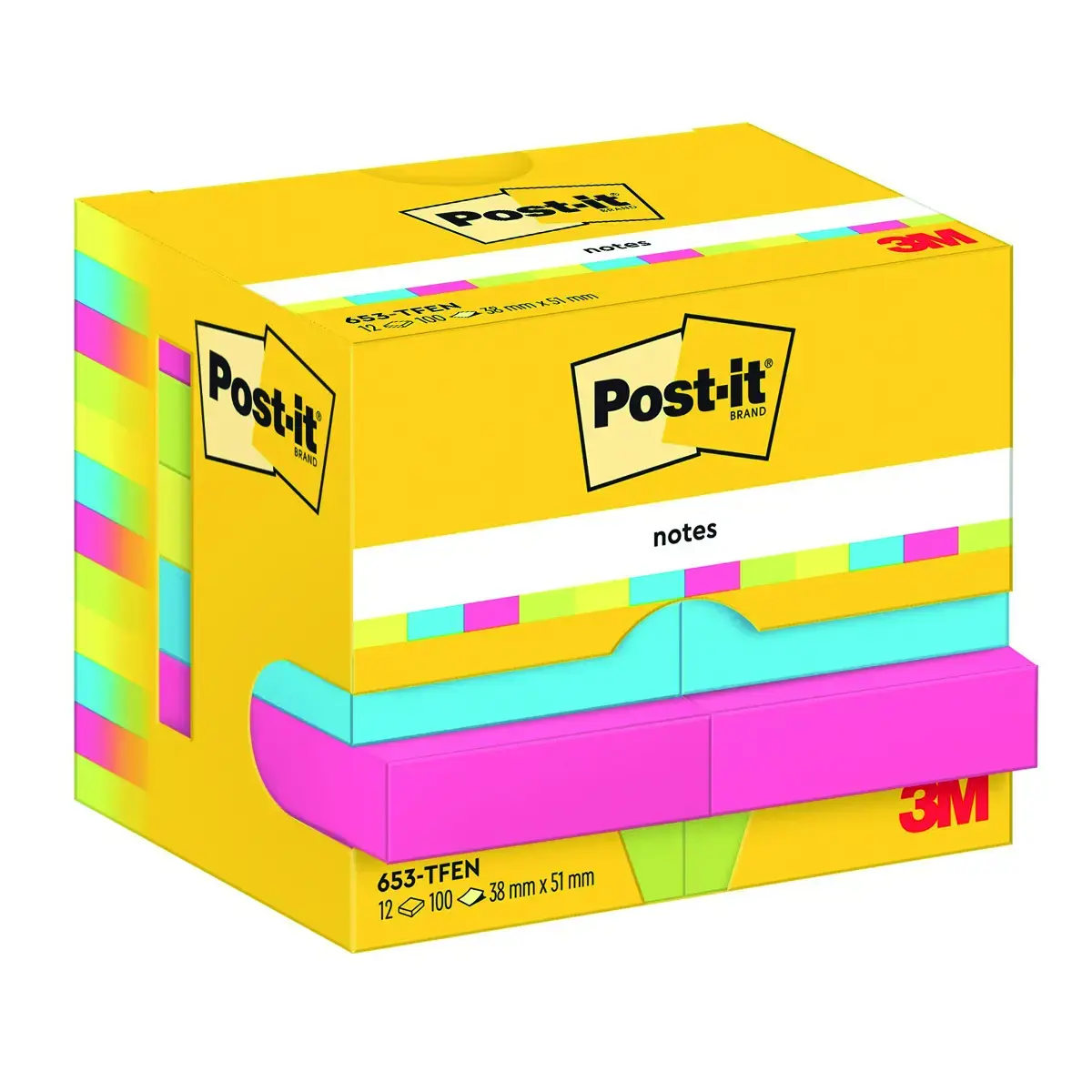 Lipnūs lapeliai Post-it Energetic colours, 38 x 51 mm, įvairūs ryškūs atspalviai, 12 vnt./pak.