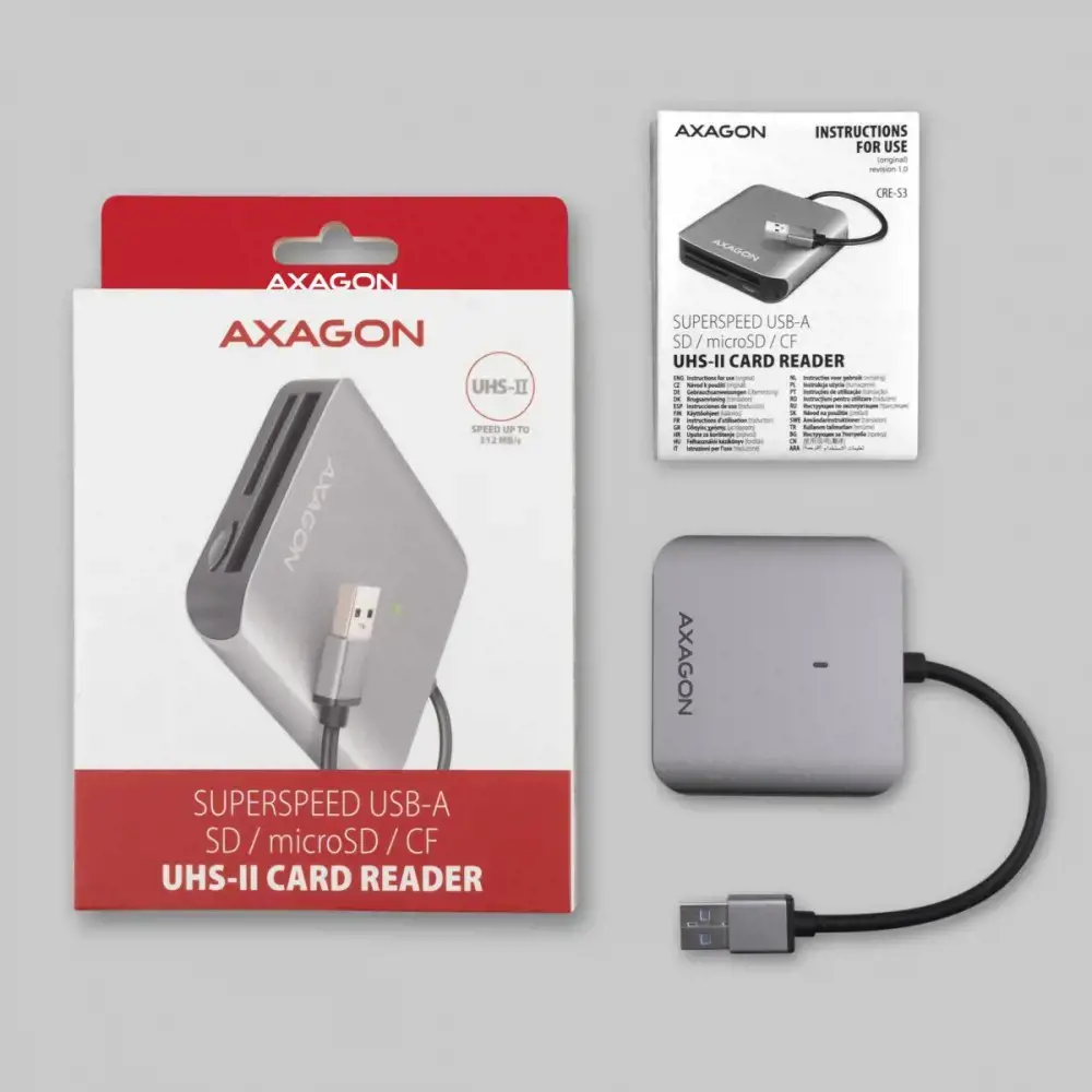 "Axagon Aluminum" greitaeigis USB-A 3.2 Gen 1 atminties kortelių skaitytuvas. 3 lizdai, UHS-II.
