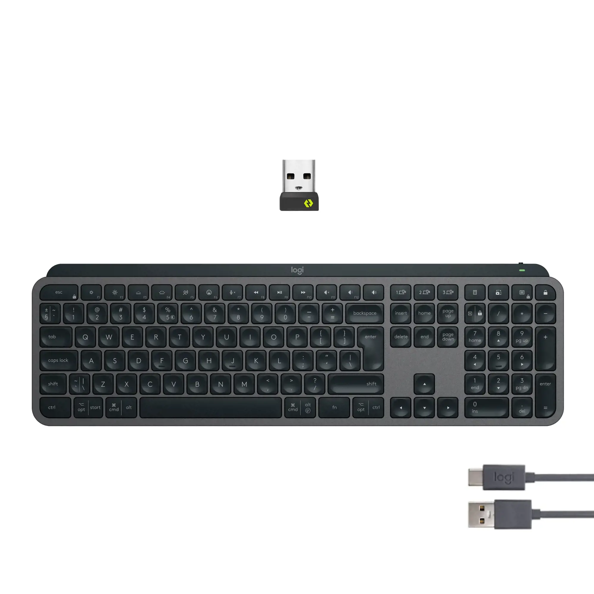 "Logitech MX Keys S", pilno dydžio (100 %), RF belaidis + "Bluetooth", žirklinis klavišų jungiklis, QWERTY, šviesos diodas, grafito spalvos