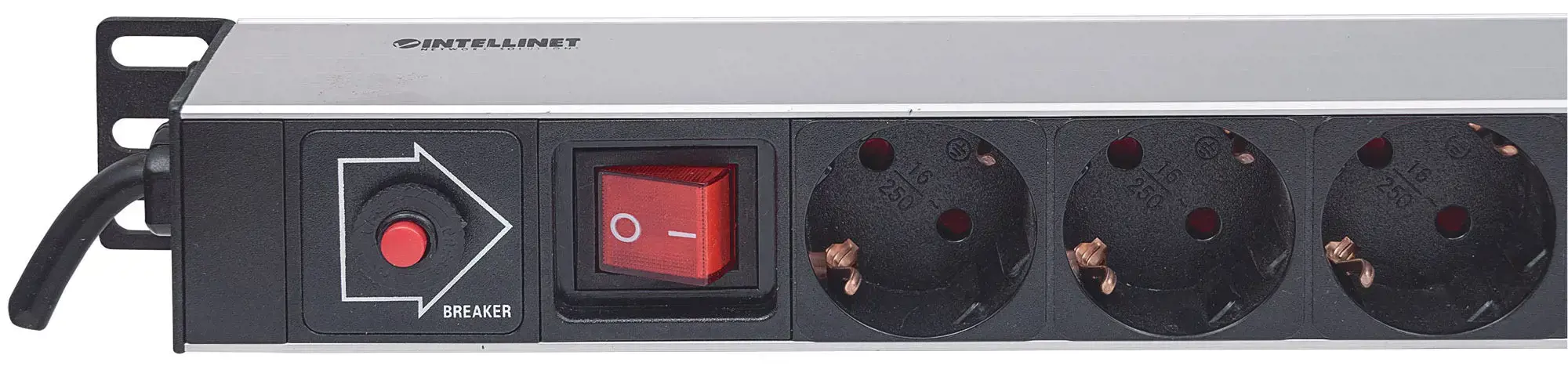 "Intellinet" vertikalioje stovo konstrukcijoje montuojamas 12 jungčių maitinimo blokas - vokiškas tipas, su įjungimo/išjungimo jungikliu ir apsauga nuo perkrovos, 1,6 m ilgio maitinimo laidas (europinis 2 kontaktų kištukas), 1U, horizontalus, aliuminis, juodas, 12 kintamosios srovės lizdų, F tipas