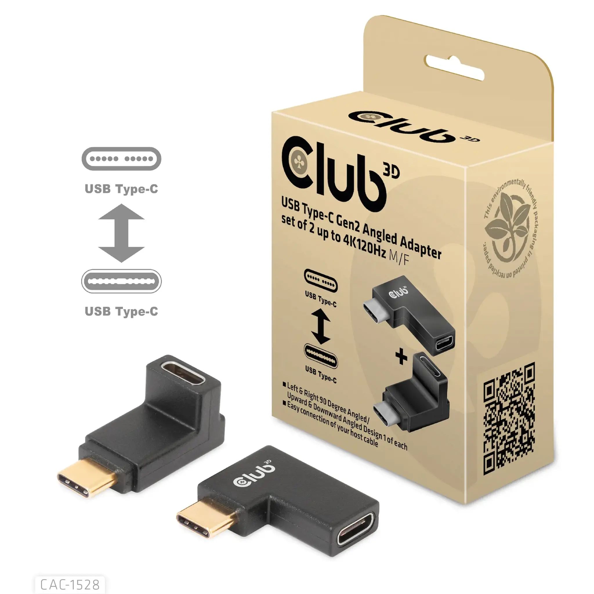 CLUB3D USB Type-C Gen2 Angled Adapter set of 2 up to 4K120Hz M/F, USB C, USB C, USB 3.2 Gen 2 (3.1 Gen 2)