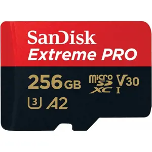 "SanDisk Extreme PRO microSDXC 256GB + SD adapteris + 2 metų "RescuePRO Deluxe" iki 200MB/s ir 140MB/s skaitymo/rašymo greitis A2 C10 V30 UHS-I U3; EAN:619659188542