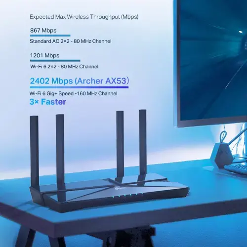 TP-Link Archer AX53, "Wi-Fi 6" (802.11ax), dviejų dažnių (2,4 GHz / 5 GHz), Ethernet LAN, 5G, juodas, stalinis maršrutizatorius