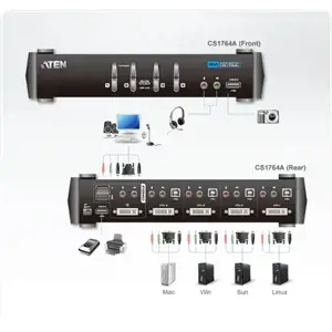 ATEN 4-Port USB DVI KVM Switch with Audio & USB 2.0 Hub (KVM Cables included), 1920 x 1200 pixels, WUXGA, 4.8 W, Black