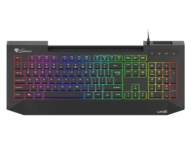 NATEC Genesis žaidimų klaviatūra Lith 400 RGB JAV išdėstymo apšvietimas X-Scissor slim