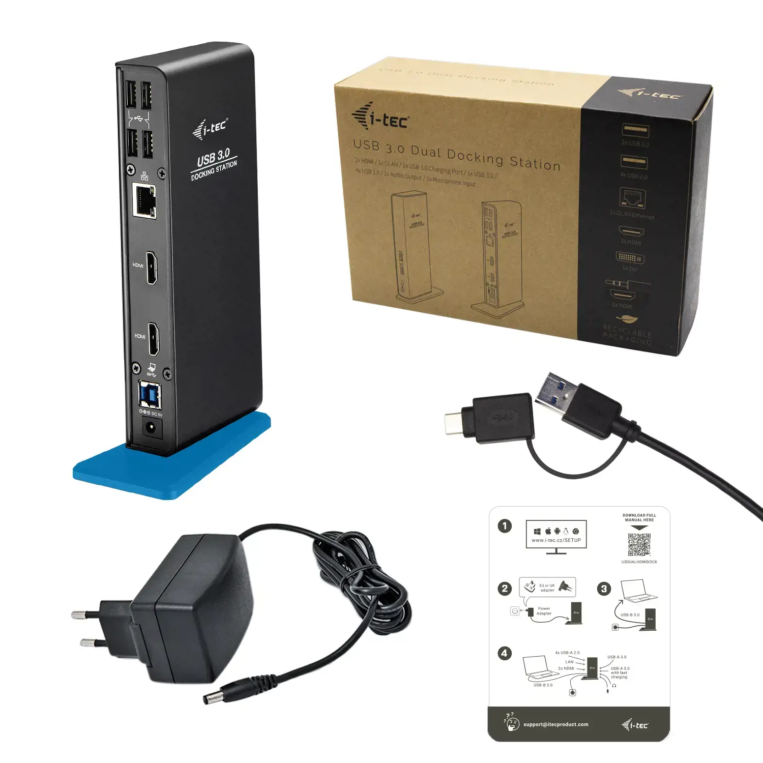 I-TEC USB 3.0/USB-C dvigubo HDMI prijungimo stotelė 2x HDMI 1x GLAN 2x USB 3.0 4x USB 2.0 1x Audio 1x Mikrofonas