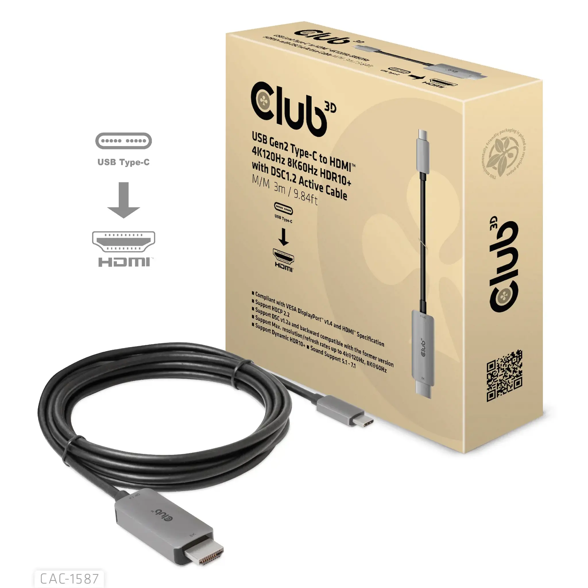 CLUB3D USB Gen2 Type-C to HDMI 4K120Hz 8K60Hz HDR10 with DSC1.2 Active Cable M/M 3m / 9.84ft, USB Gen2 Type-C, HDMI Type A (Standard), 3 m, Black